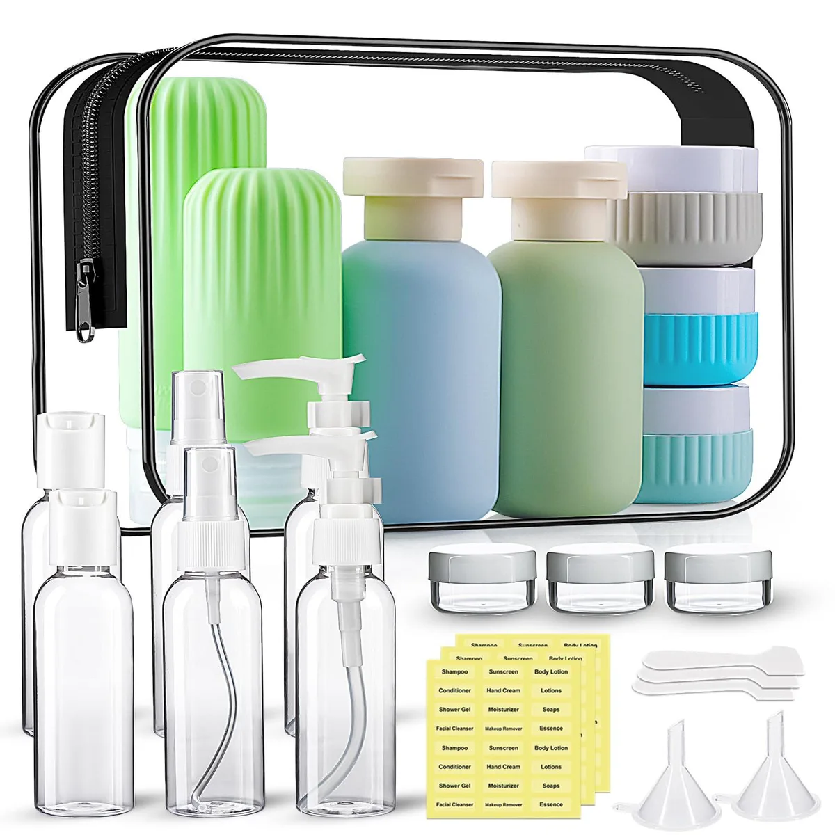 White 25-piece travel toiletry kit with assorted bottles, jars, funnels, spatulas, label stickers and clear PVC bag