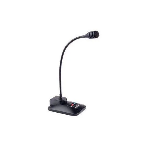 Black desktop dynamic microphone with push-talk button and cable