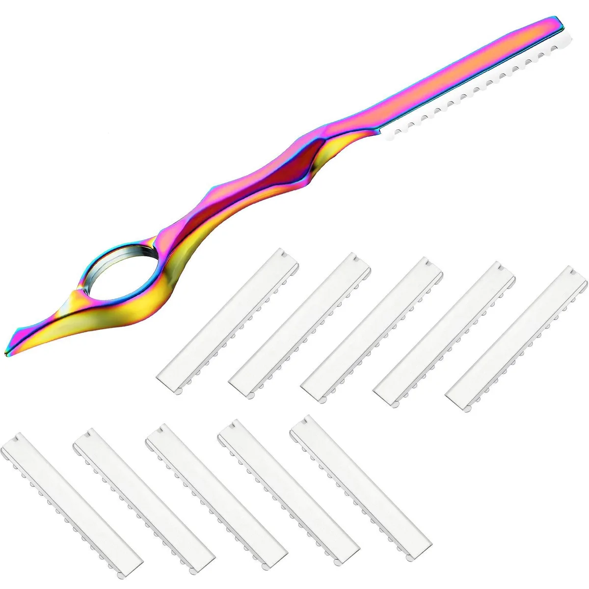 Vivid neon snake-shaped hair razor comb with rubber grip and ten stainless steel replacement blades