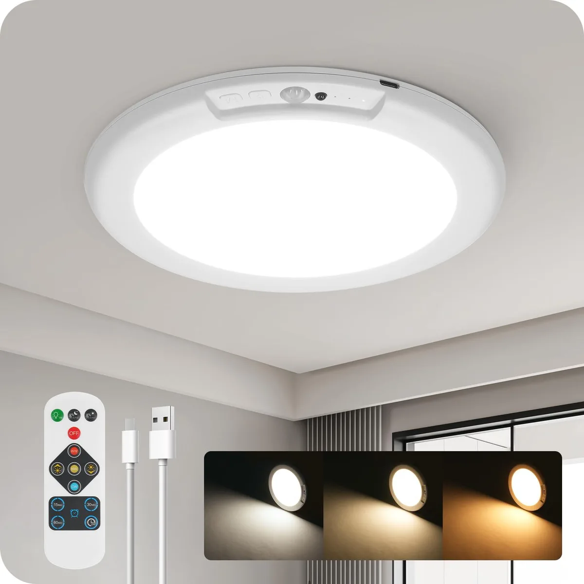 White rechargeable magnetic ceiling light, ultra-thin acrylic disc with clear prismatic diffuser