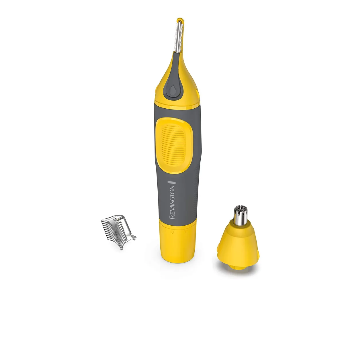 Yellow handheld trimmer with rubberised grip and rotary head