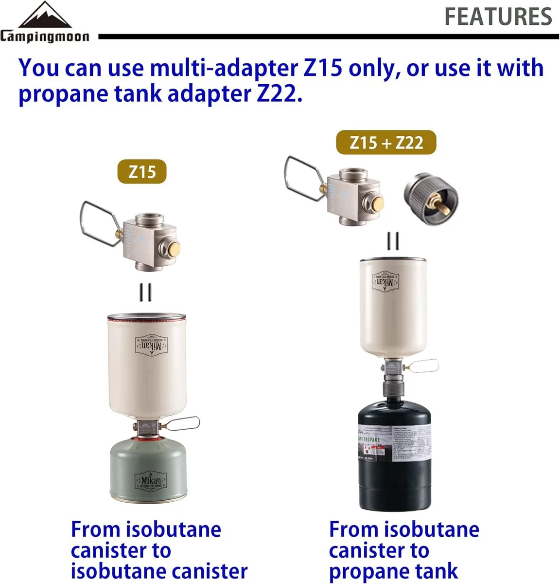 Two brass gas adapters with threaded Lindal and propane connections, silver metal finish