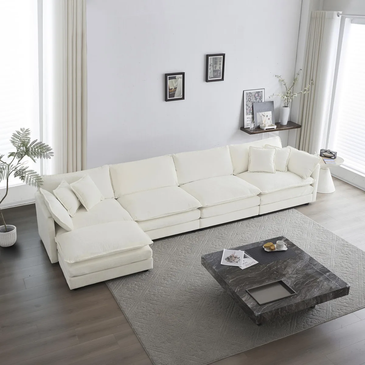 White U-shaped modular sectional with ottoman in chenille fabric
