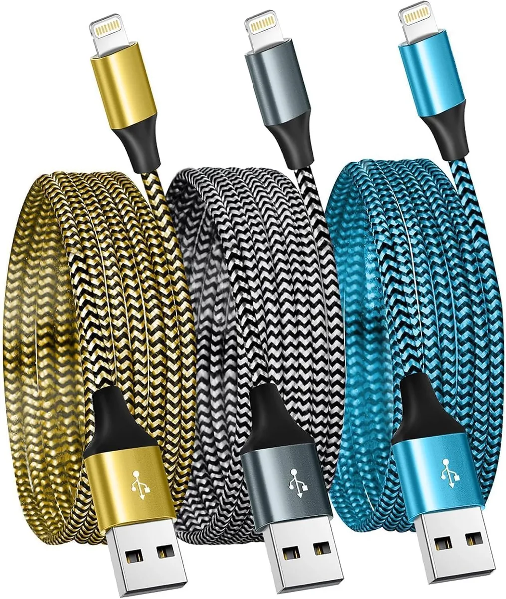 Three 10-foot Lightning cables in black, yellow and blue nylon braid