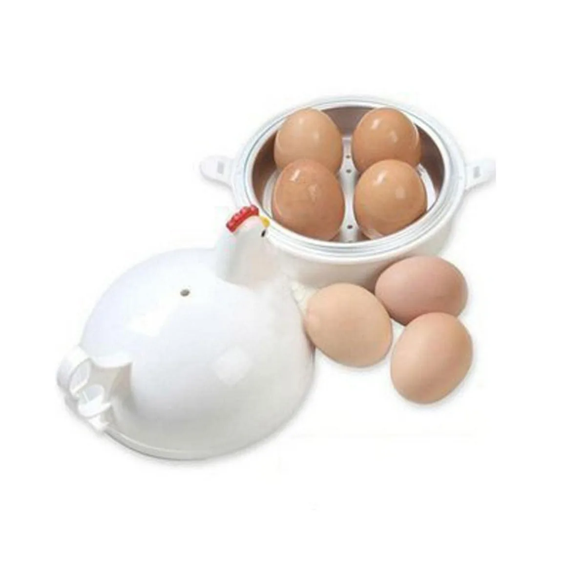 White microwave egg boiler with lid and handle, holds four eggs