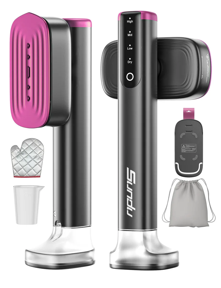 White handheld garment steamer with ceramic soleplate and touch controls