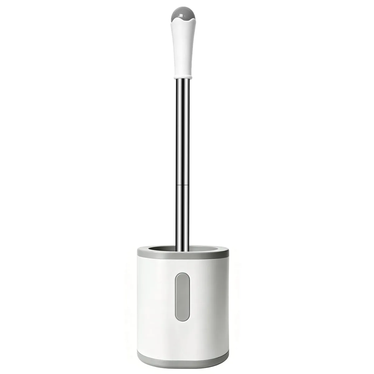 Compact white and grey toilet brush with stainless steel handle and covered holder