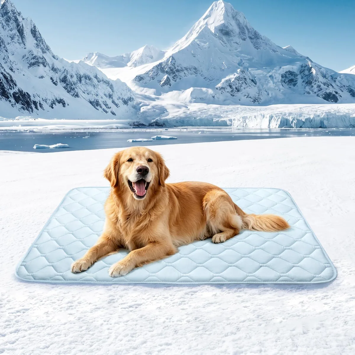 Blue square pet cooling mat, 41 by 28 inches, lightweight Arc-Chill fabric