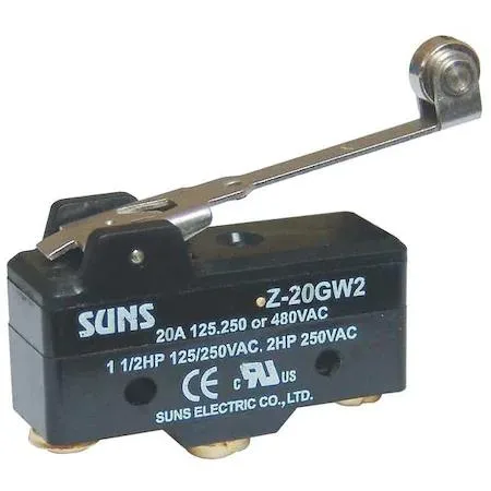 Compact rectangular switch with a silver hinge roller lever actuator extending from one side, screw terminals visible on the body