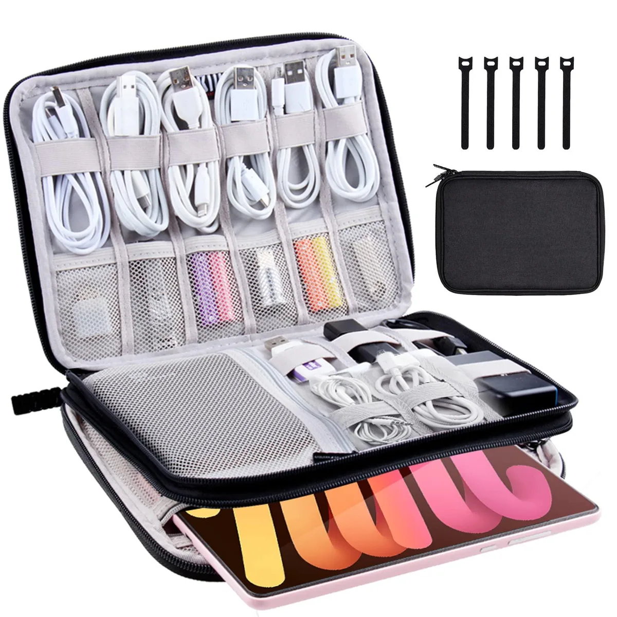Grey rectangular nylon travel organiser with double zip compartments and shoulder strap
