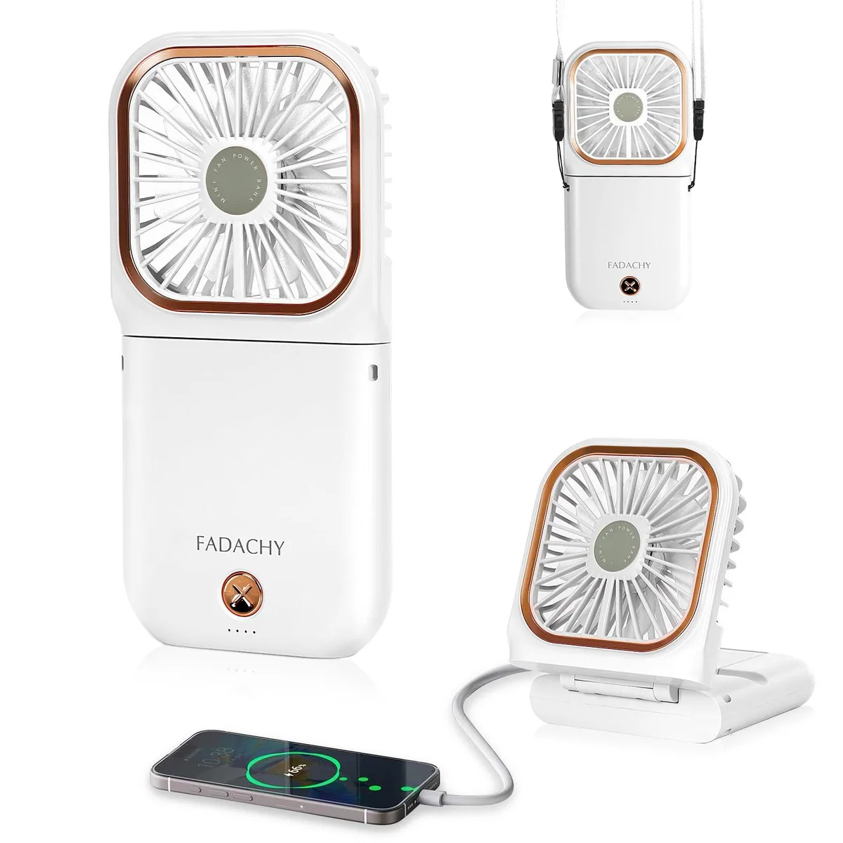 White handheld fan with foldable neck mount, phone holder and power bank
