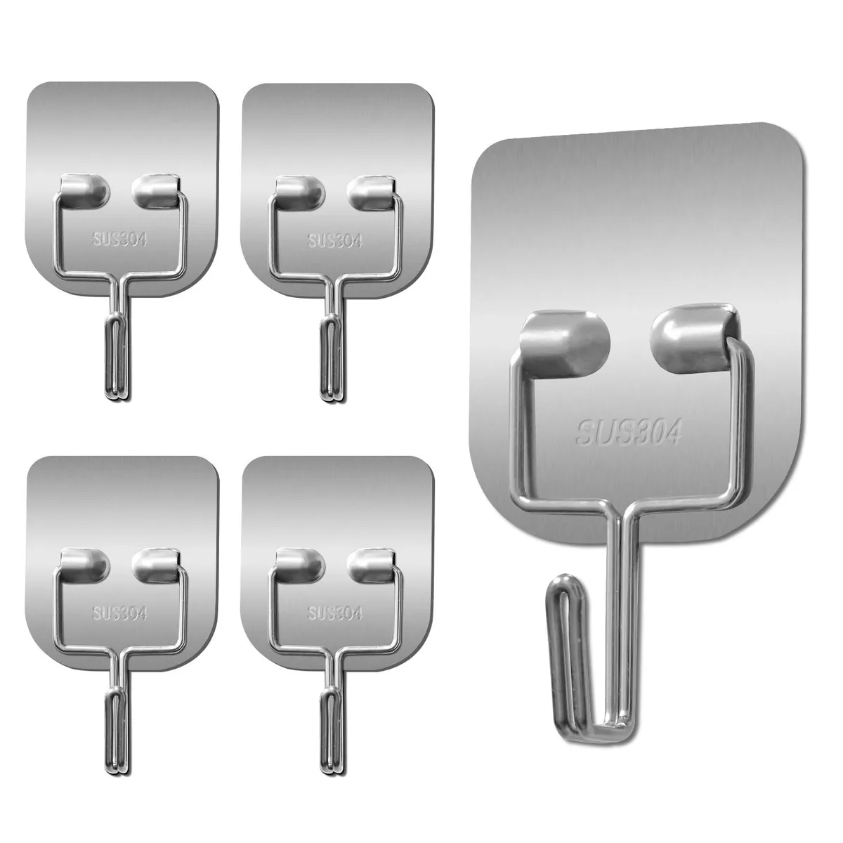 Five silver stainless steel hooks with square backplates
