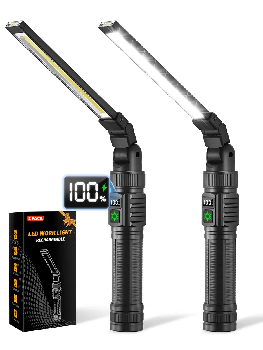 Two black aluminium LED work lights with foldable 360° heads and magnetic bases