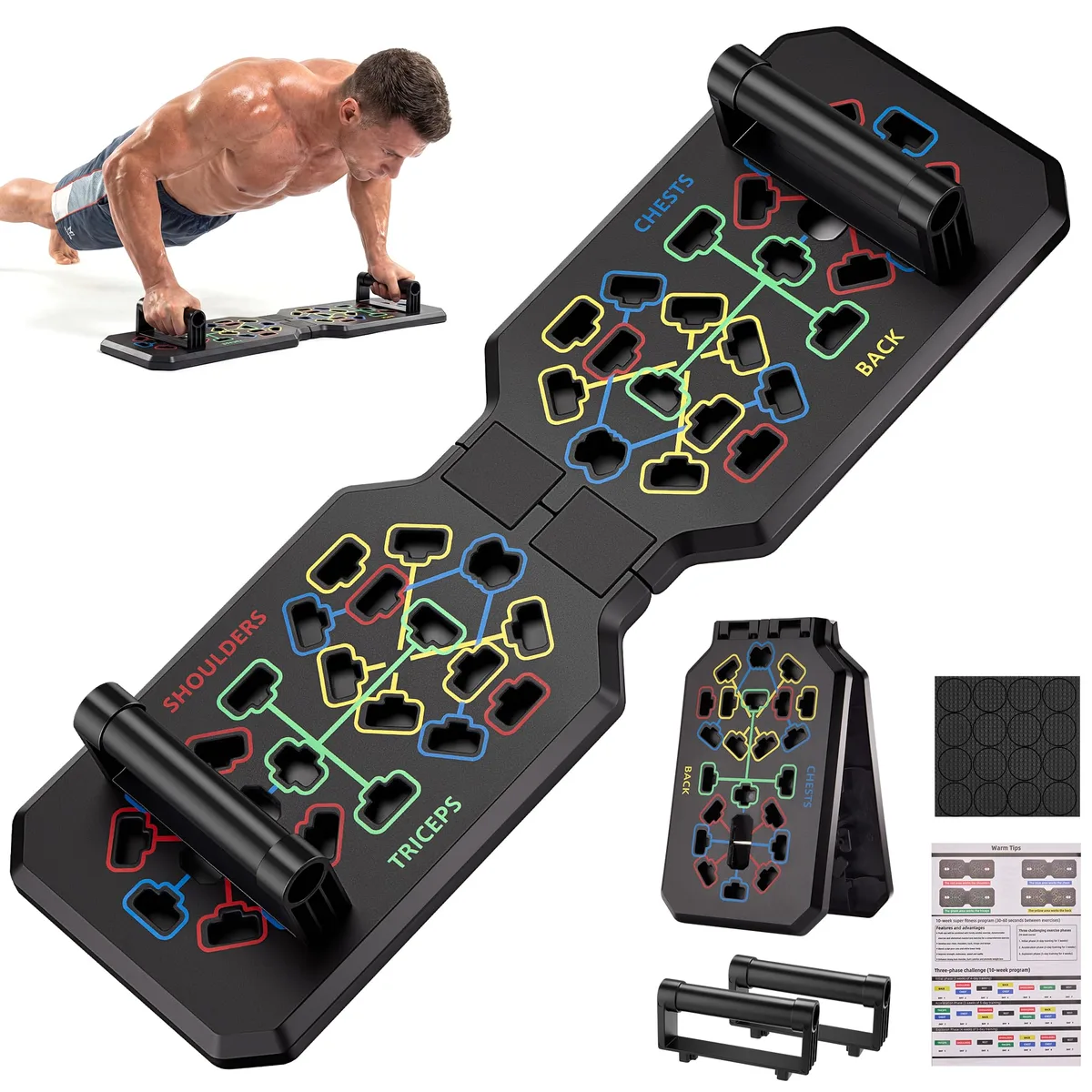 Black foldable push-up board with ergonomic handles and color-coded slots