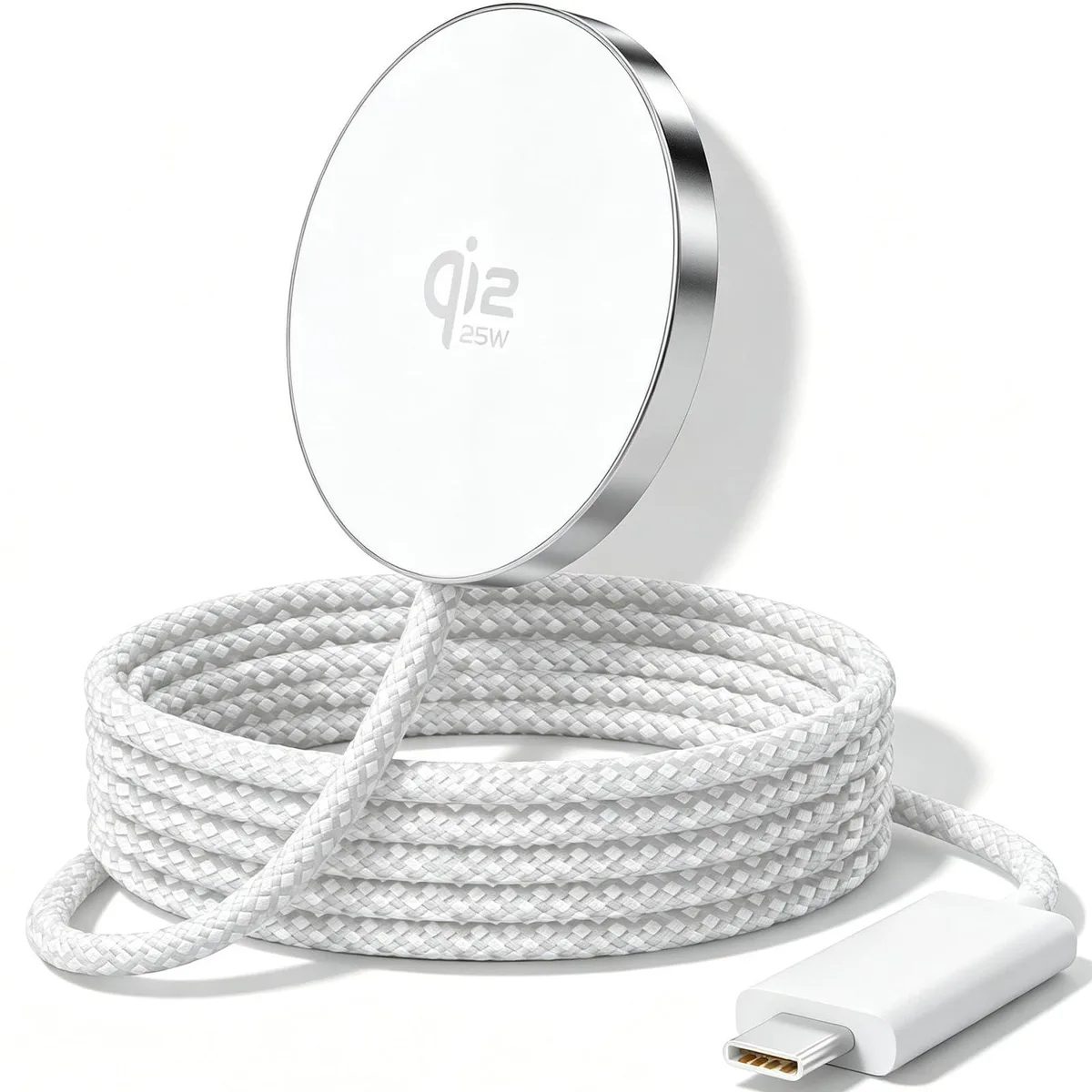 Flat circular charging pad with matte dark finish and central magnetic ring
