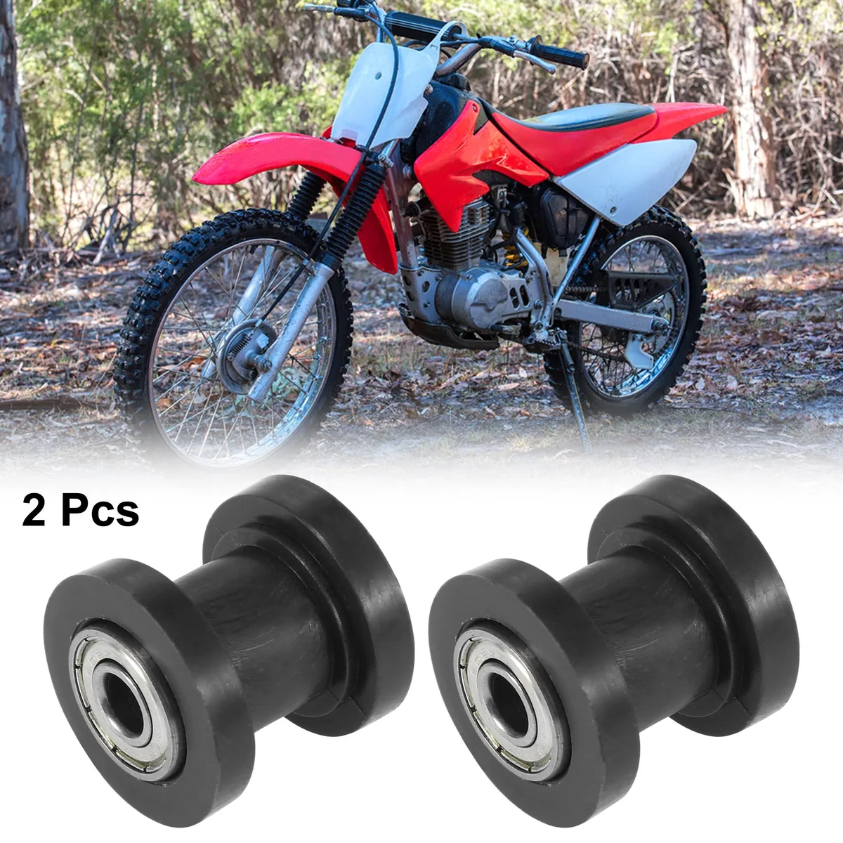 Two black rubber and metal chain tensioner rollers with 8mm centre holes