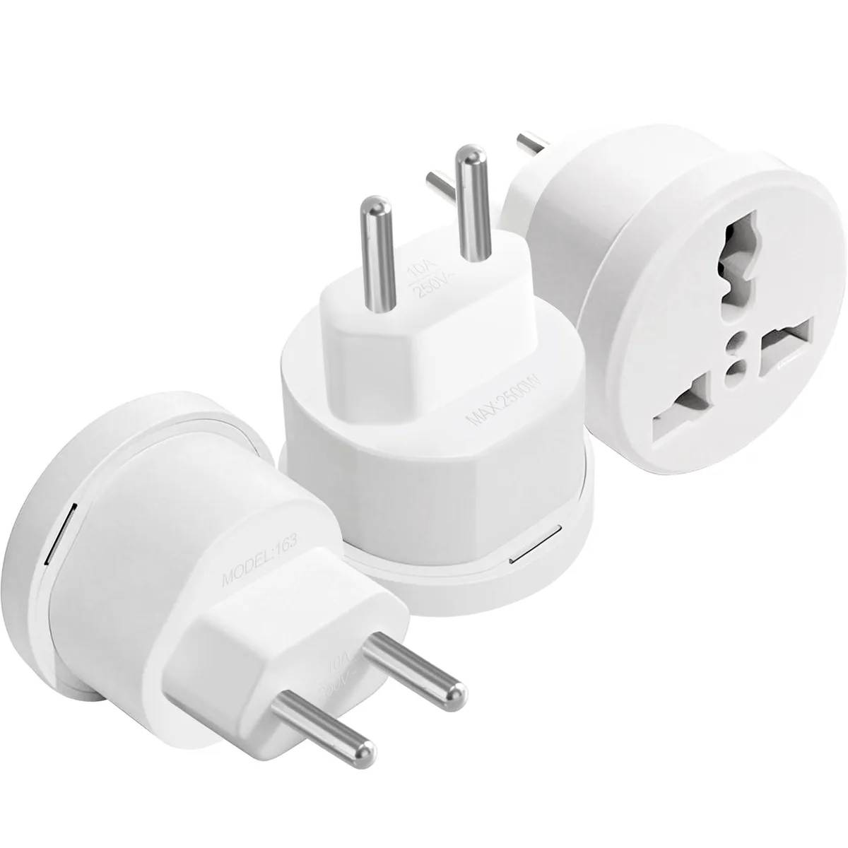 Three white compact Type C travel plug adapters
