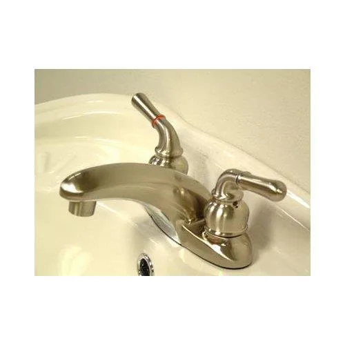 Satin nickel two-handle centerset lavatory faucet with curved spout and cross handles