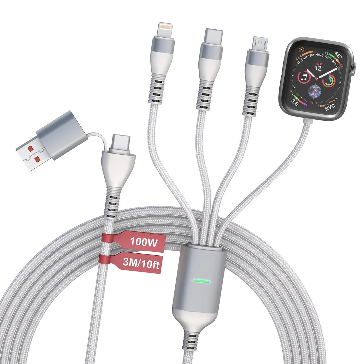 White 10ft braided 4-in-1 cable with USB-A, USB-C, Lightning, Micro USB and magnetic Apple Watch connector