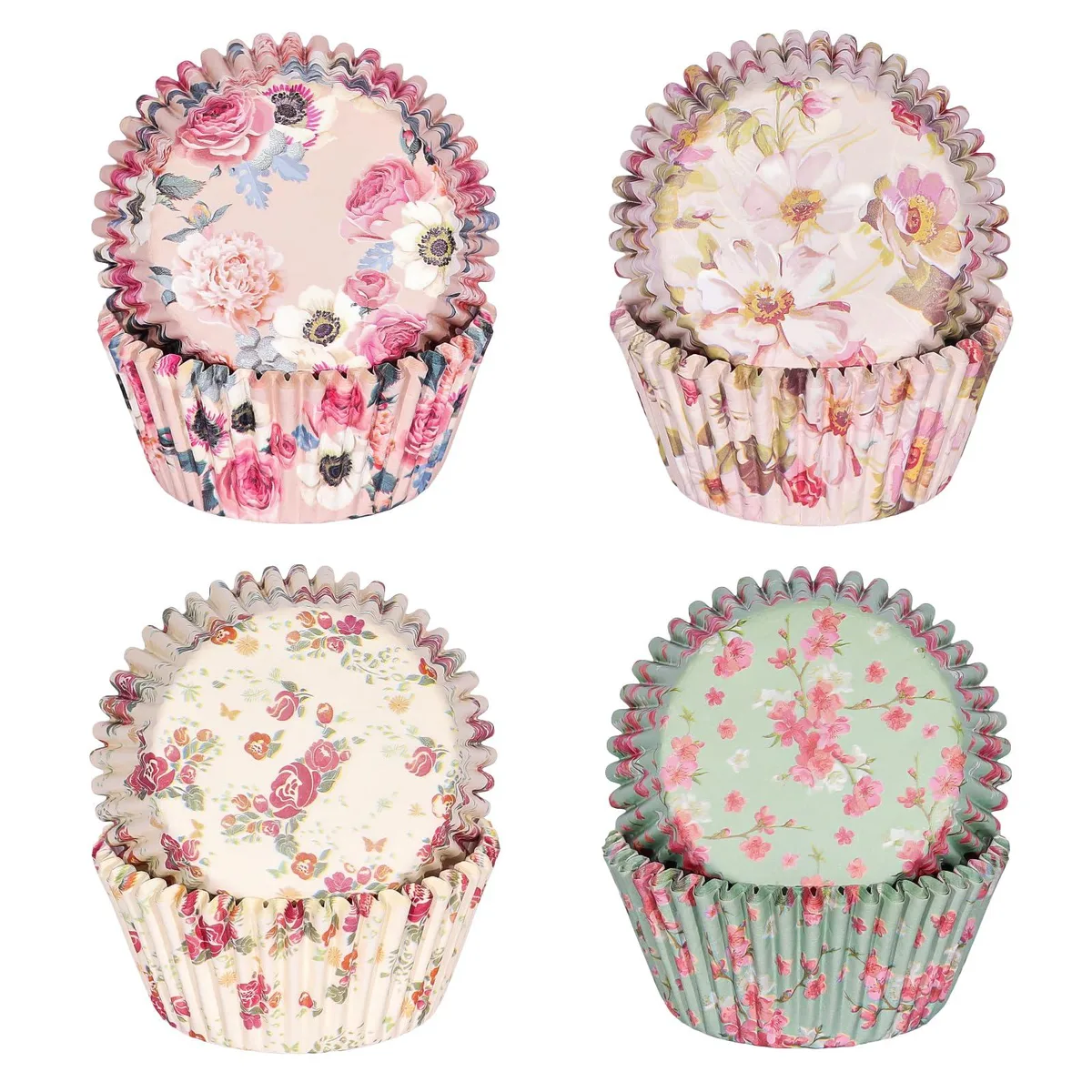 Pack of 100 floral paper cupcake liners in four patterns