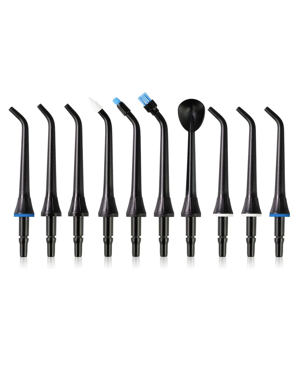 Black plastic oral irrigator tips in storage case