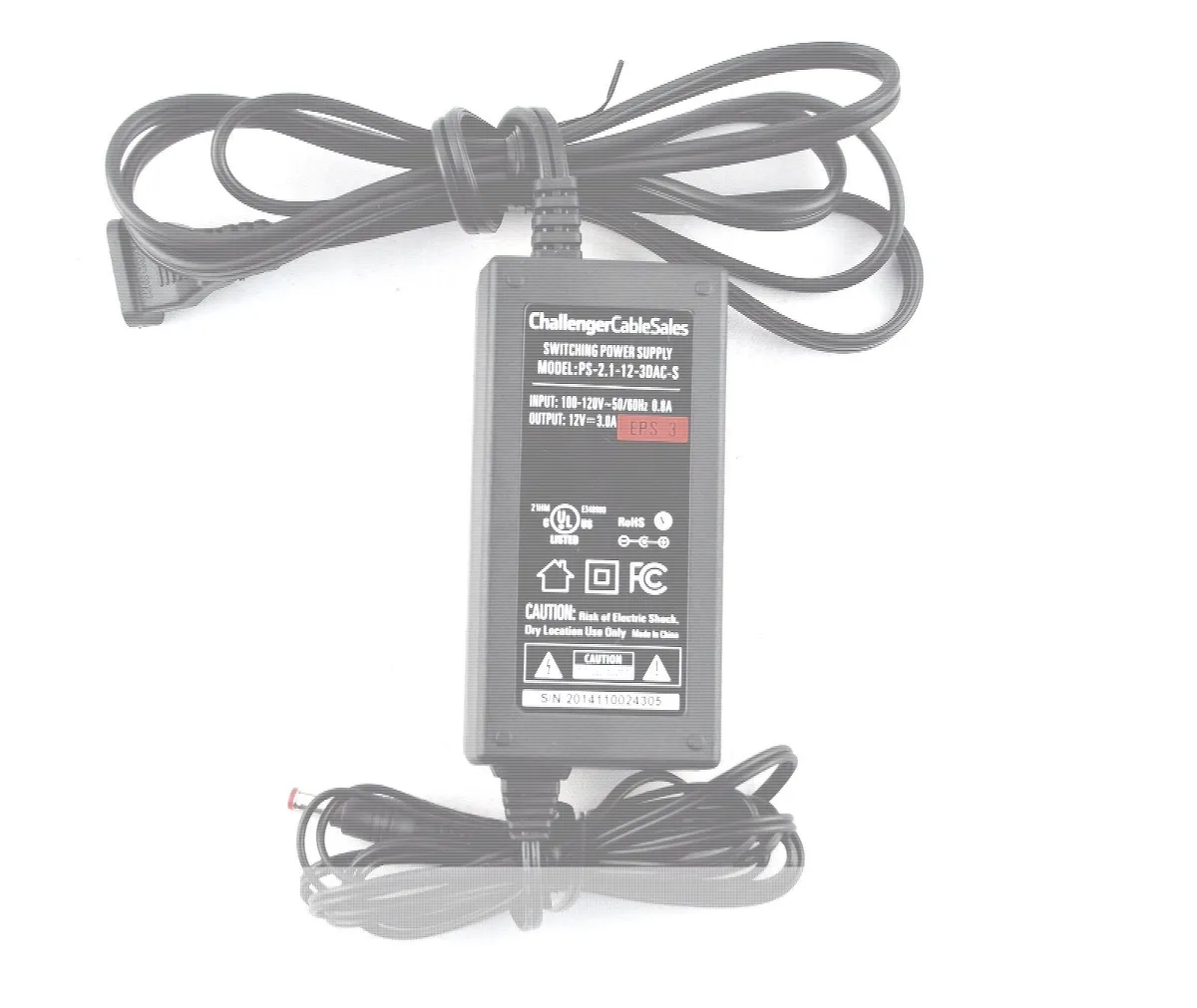 Black rectangular AC adapter with 2.1 mm barrel connector and 12V 3A output label