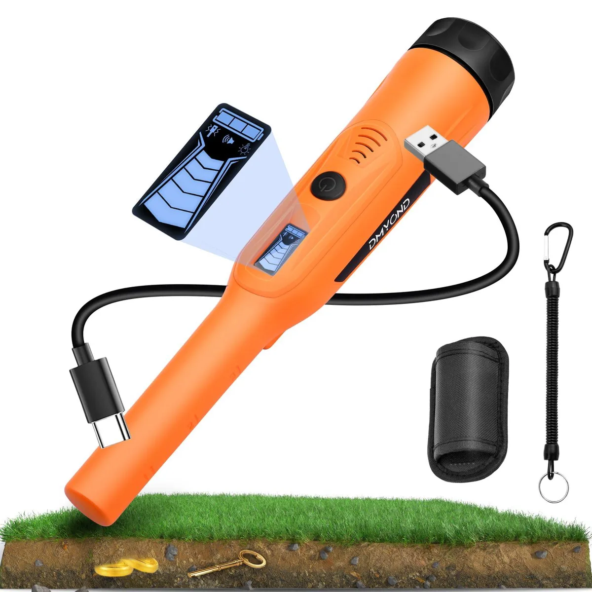 Orange handheld metal detector pinpointer with LCD screen and waterproof probe