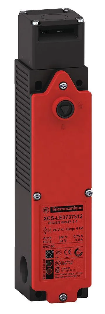 Rectangular plastic safety interlock switch with solenoid locking, grey body, metal actuator visible