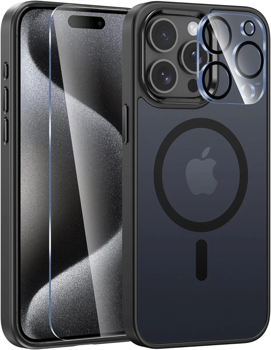 Translucent matte black case for iPhone 15 Pro Max with built-in magnets