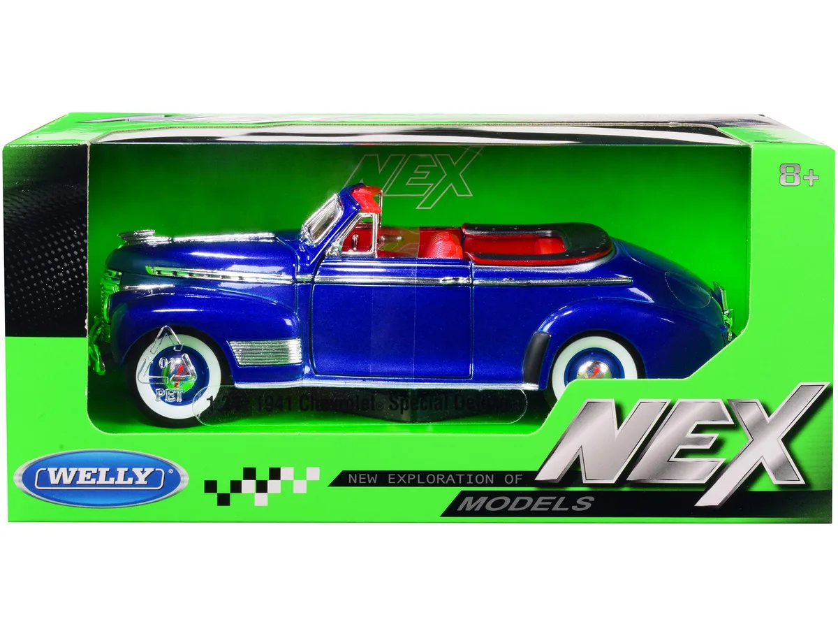 Welly Diecast Welly Diecast 1941 Chevrolet Special Deluxe Convertible Blue Metallic Red Interior 1/24 Hobby Collectible — product photo