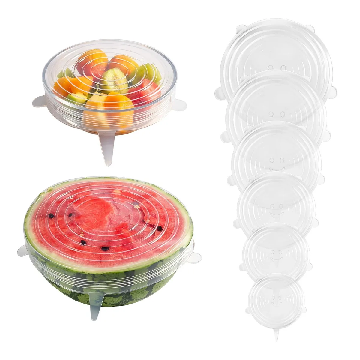 Set of six translucent silicone stretch lids in graduated sizes from 2.6 to 7.5 inches