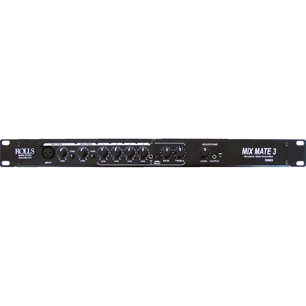Compact silver rack mixer with front XLR and 3.5 mm jacks, rear RCA and XLR connectors