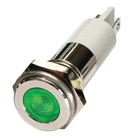 Green 10mm flush panel indicator light with chrome bezel