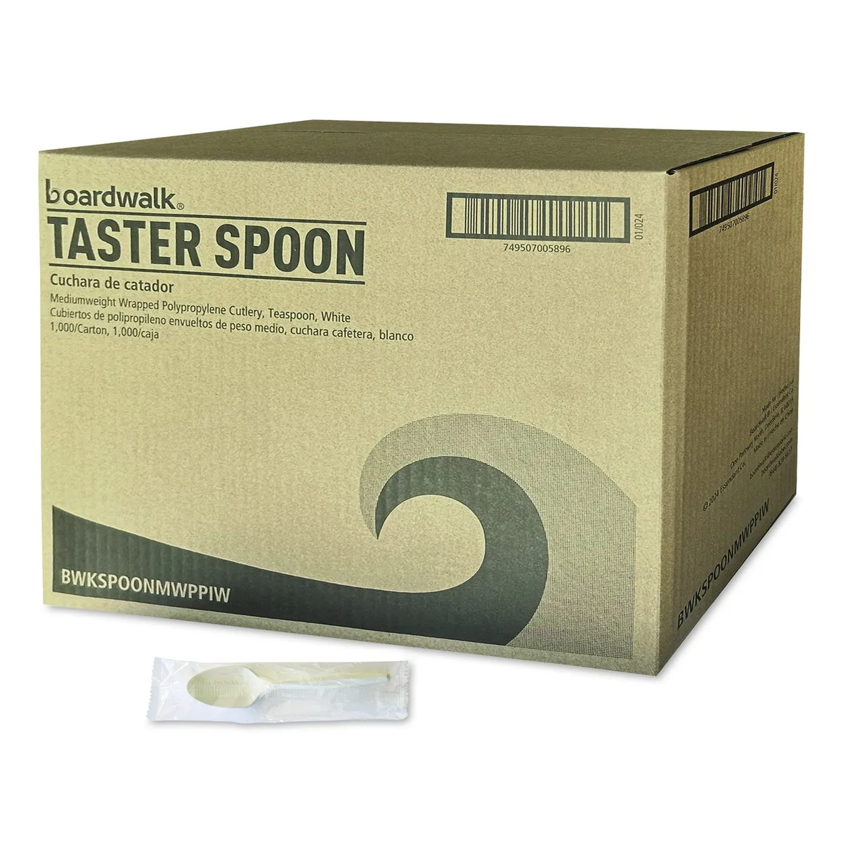 White wrapped polypropylene teaspoons in a bulk carton