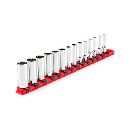 TEKTON 1/4 inch drive deep 12-point 14-piece socket set on rail
