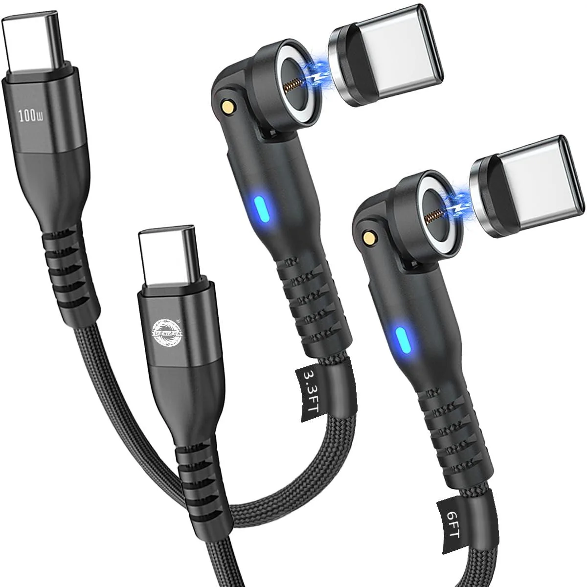  EndlesShine MCC Magnetic USB-C Cable 100W 2-Pack 3.3FT+6FT 9-Pin 90° 180/360° Rotation 480Mbps Black — product photo