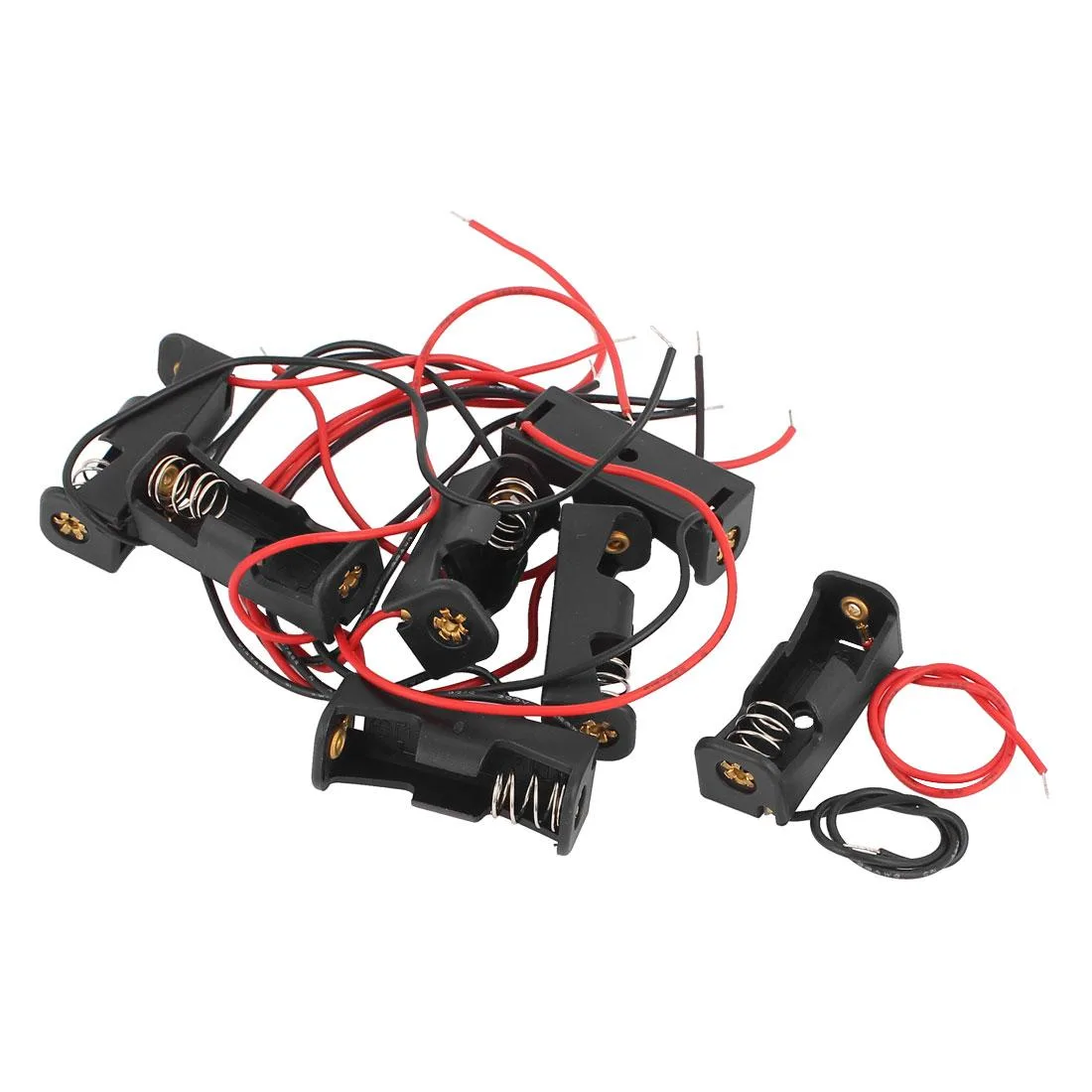 Black plastic battery holder with spring clip and dual wires, pack of seven