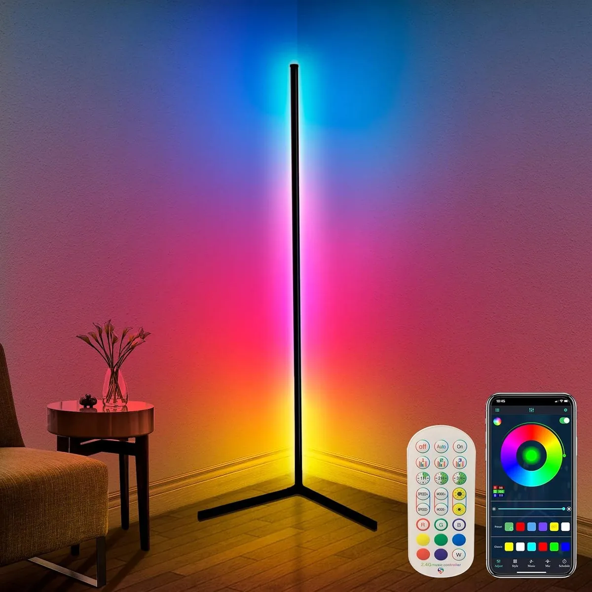 Tall corner floor lamp, 65 inches high, four-section iron base, RGB LED strips