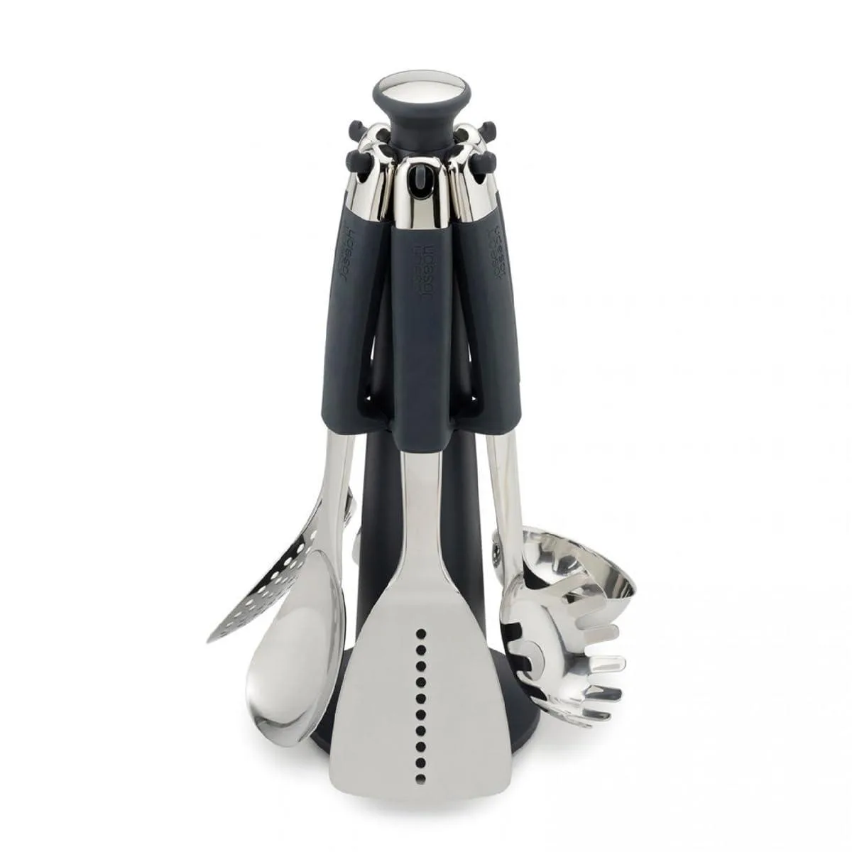 Stainless steel carousel holding six black nylon utensils with weighted handles