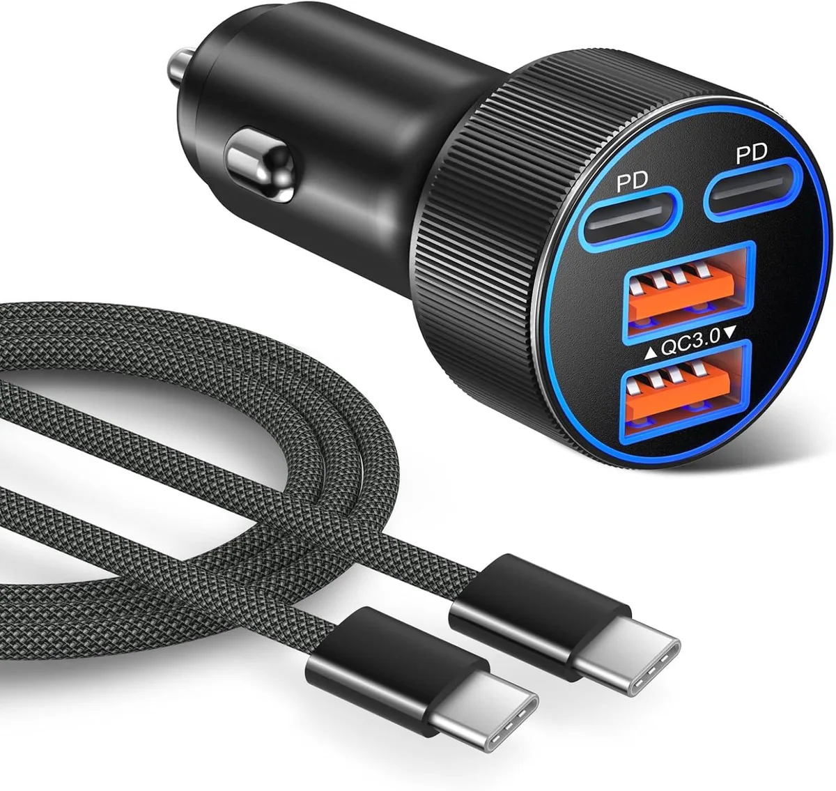 Hamzan Hamzan Super Fast 45W 4-Port Car Charger with 6ft Braided USB-C Cable — product photo
