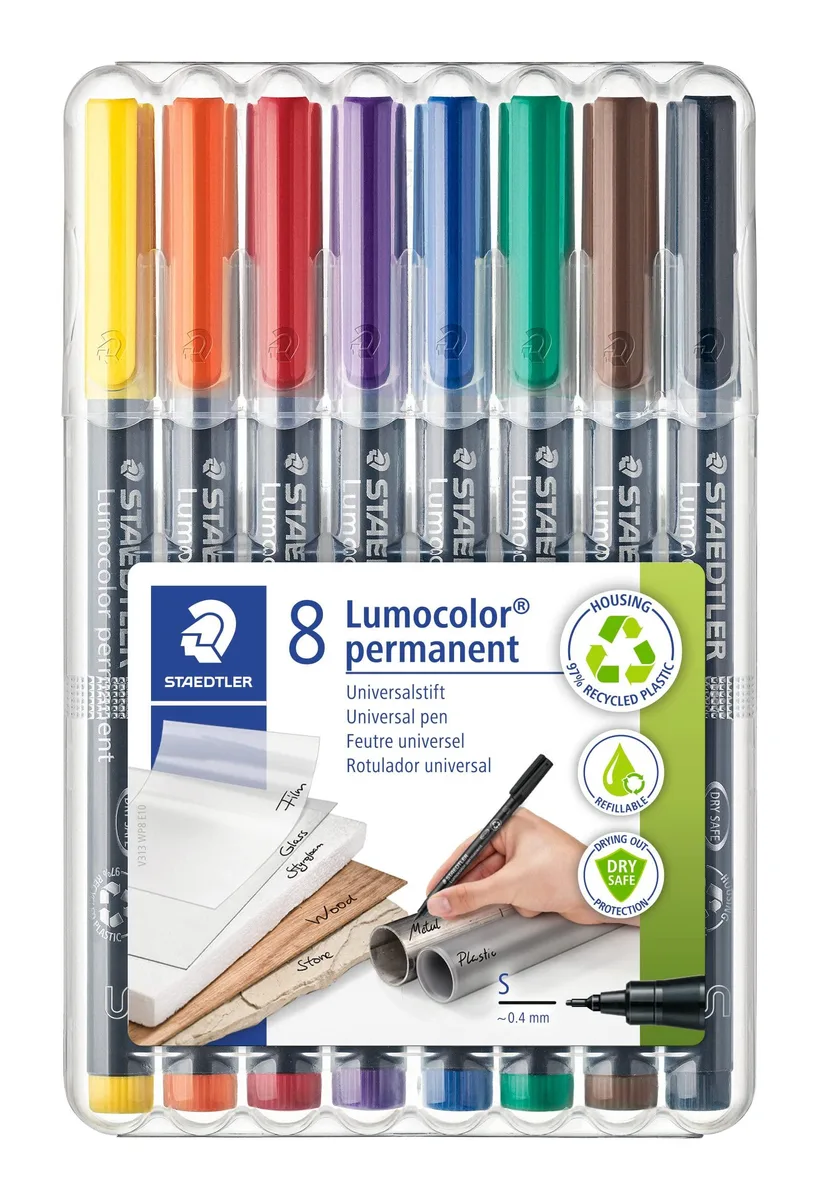 Set of eight superfine permanent markers in assorted colours with easel case