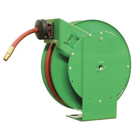 Red rubber hose on open steel spring-return reel 50 ft 3/8 in 20x22x9 in