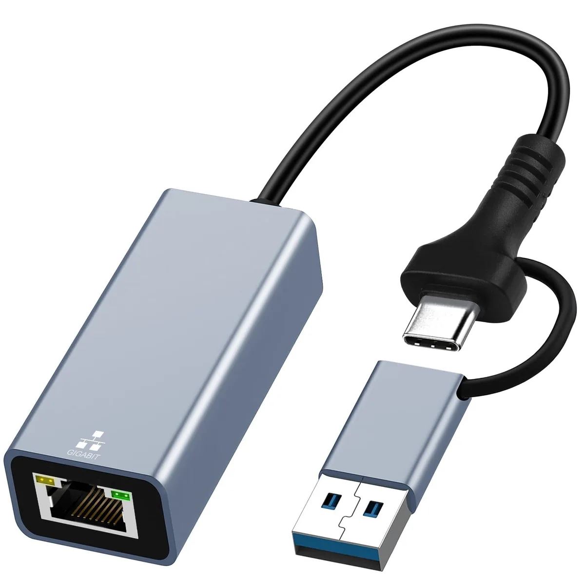 Compact dual-connector USB 3.0 and USB-C to RJ45 gigabit Ethernet adapter in aluminium finish