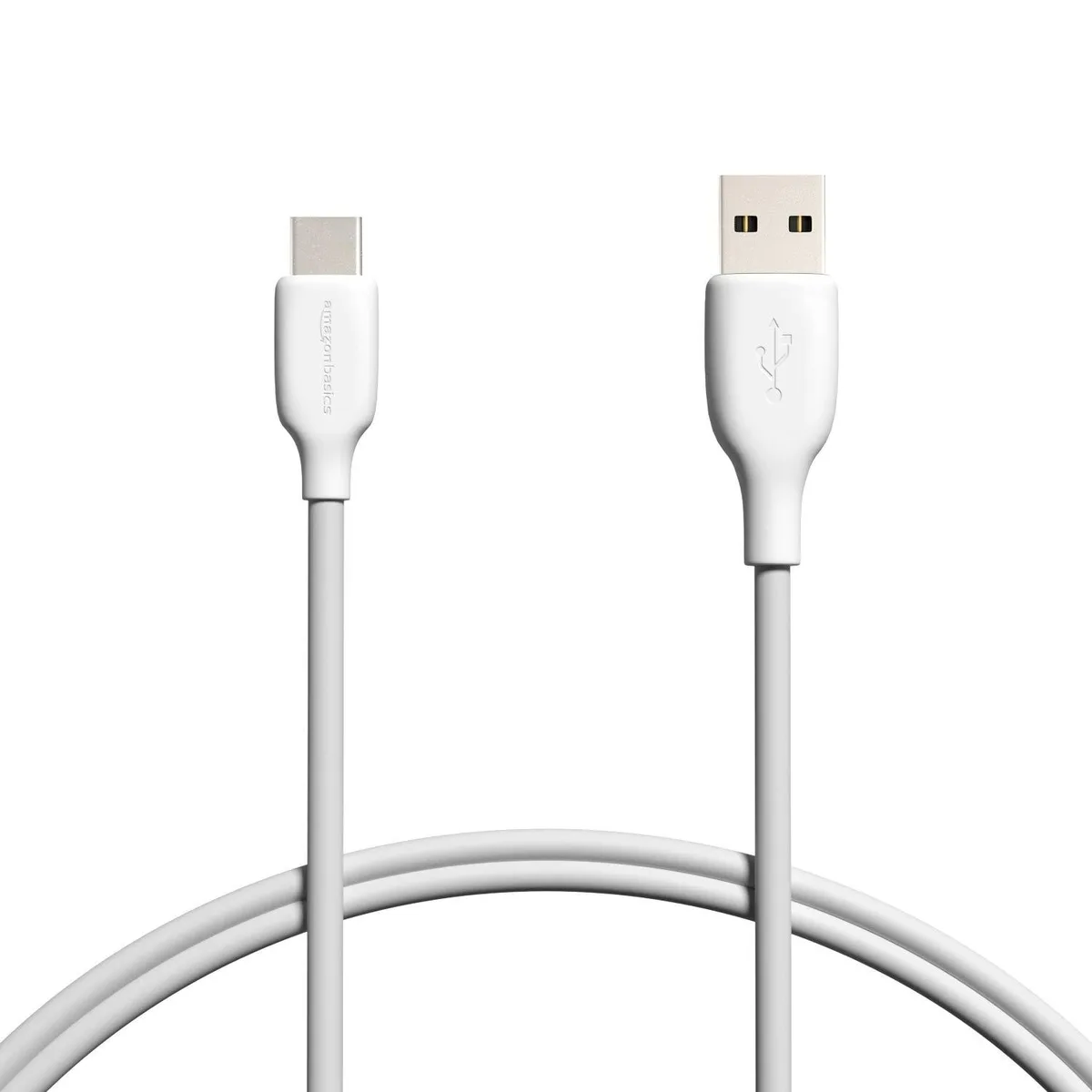 White USB-C to USB-A cable, three feet long, male connectors both ends