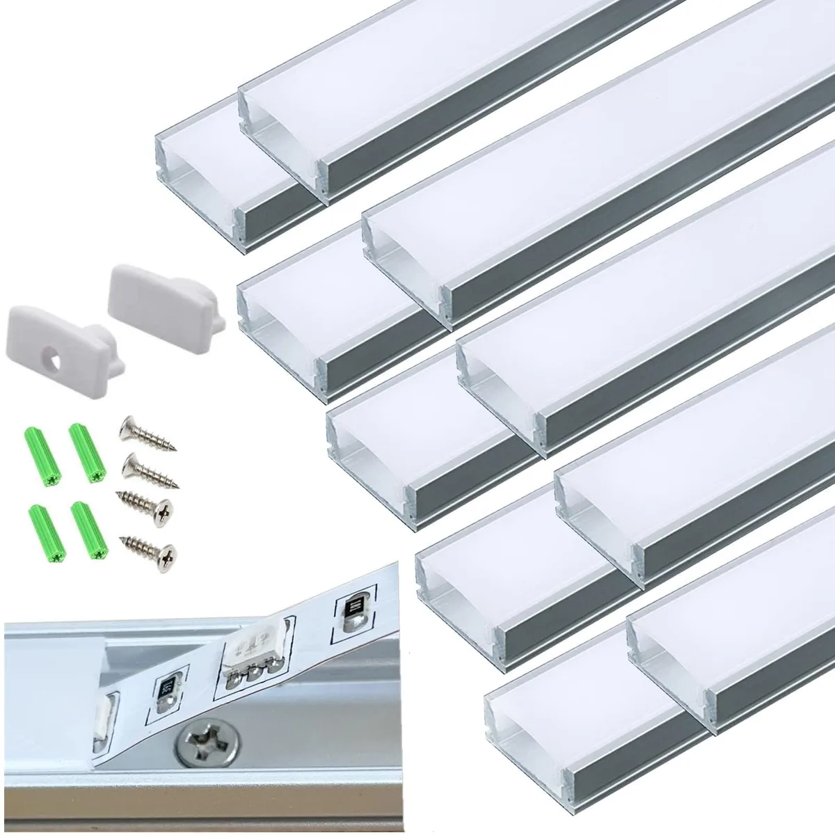 Ten silver aluminum U-channels with milky diffusers, end caps and stainless screws