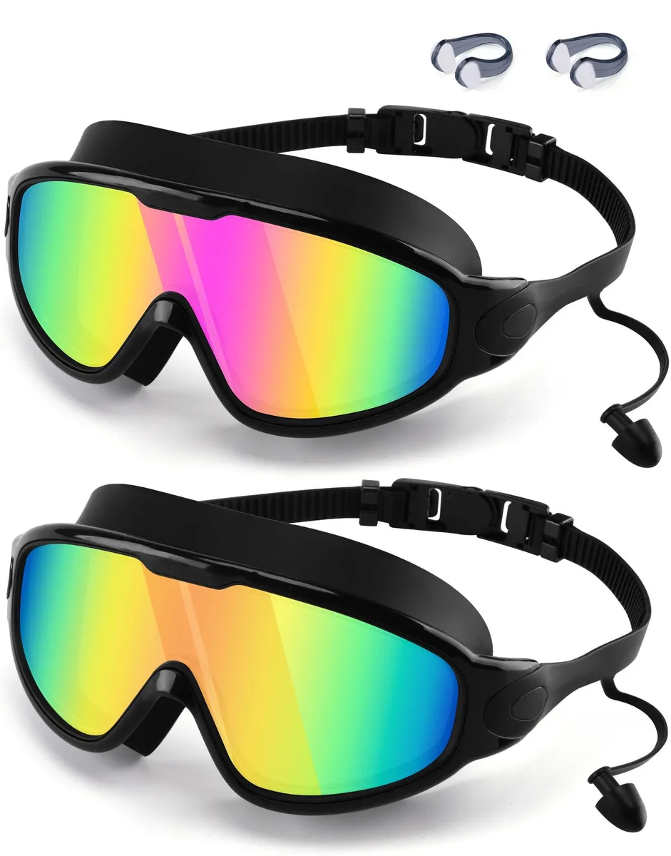 Two black silicone swim goggles with wide 180° lenses and adjustable straps