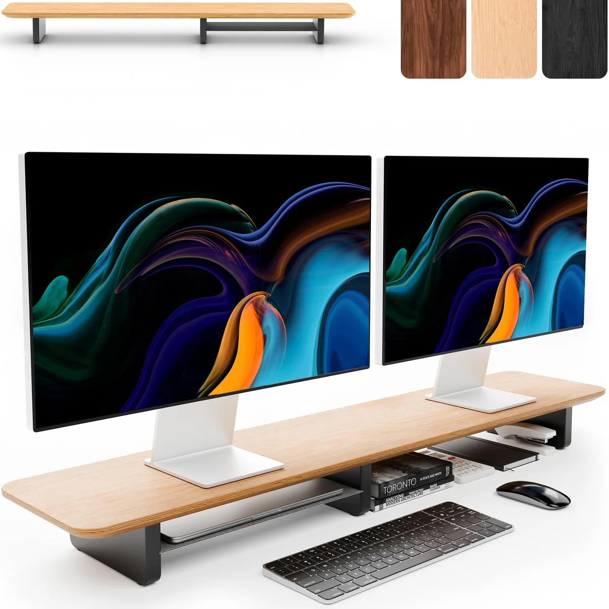 ALSEYE ALSEYE Dual Monitor Riser 43in Oak Wood Aluminum Shelf — product photo