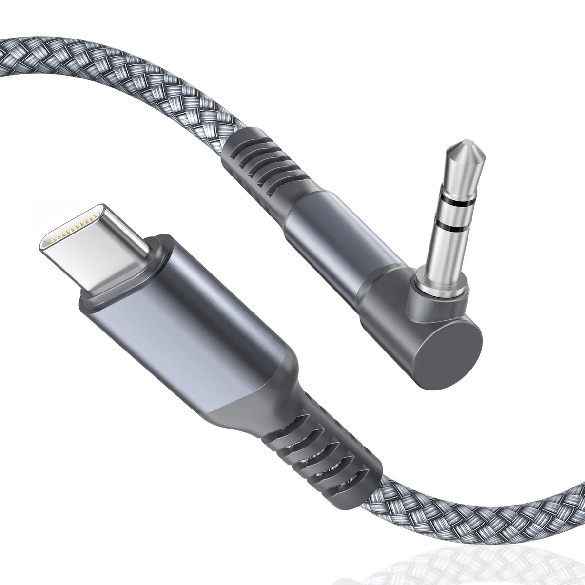 Grey braided USB-C to 3.5 mm aux cable with 90° connector, 4 ft