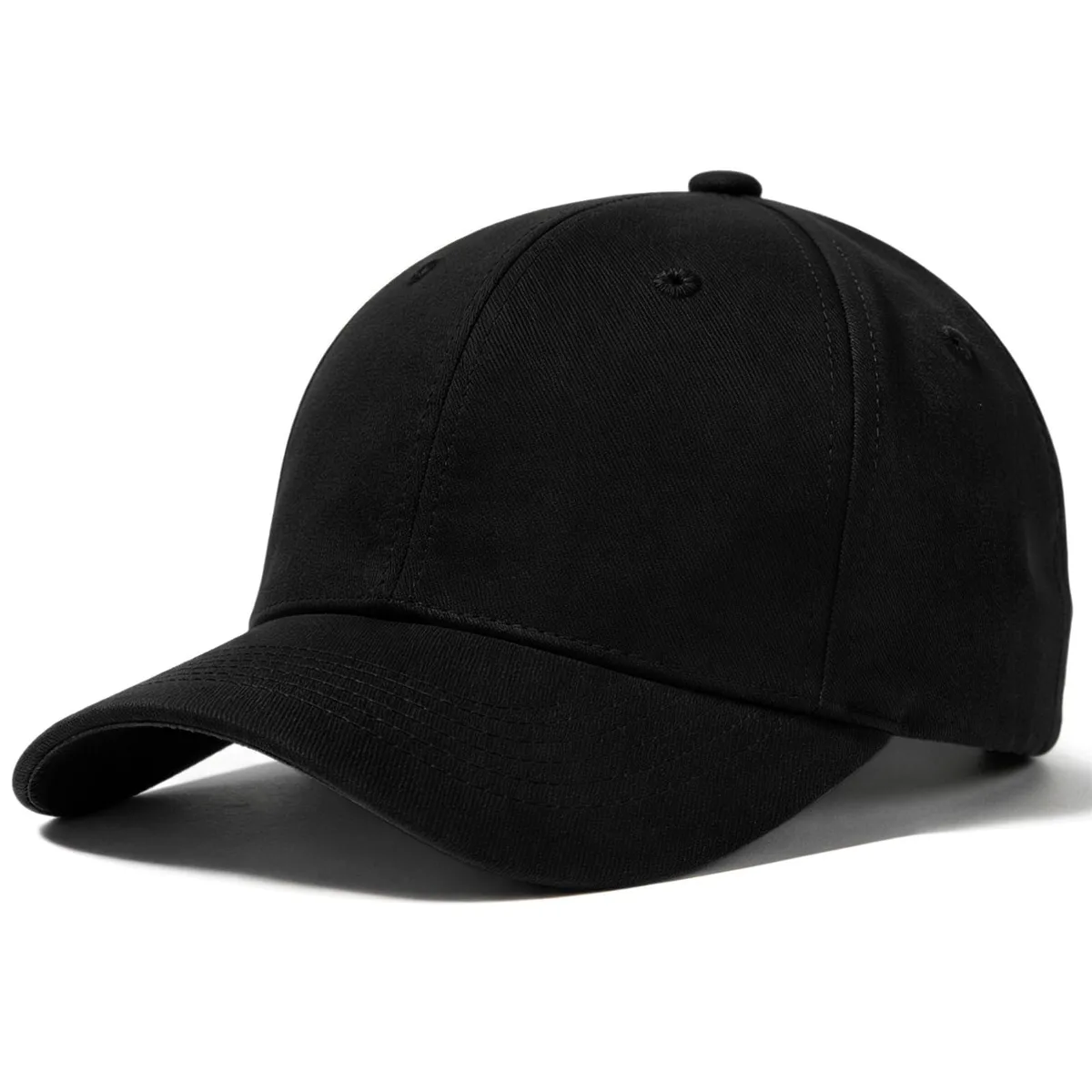 Black unisex cotton baseball cap with metal buckle strap