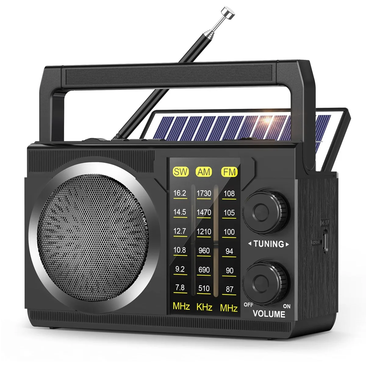 PRUNUS AM/FM/SW Radio Bluetooth 6.0 1800mAh USB-C Solar 6.3x3.9x3.4in — product photo